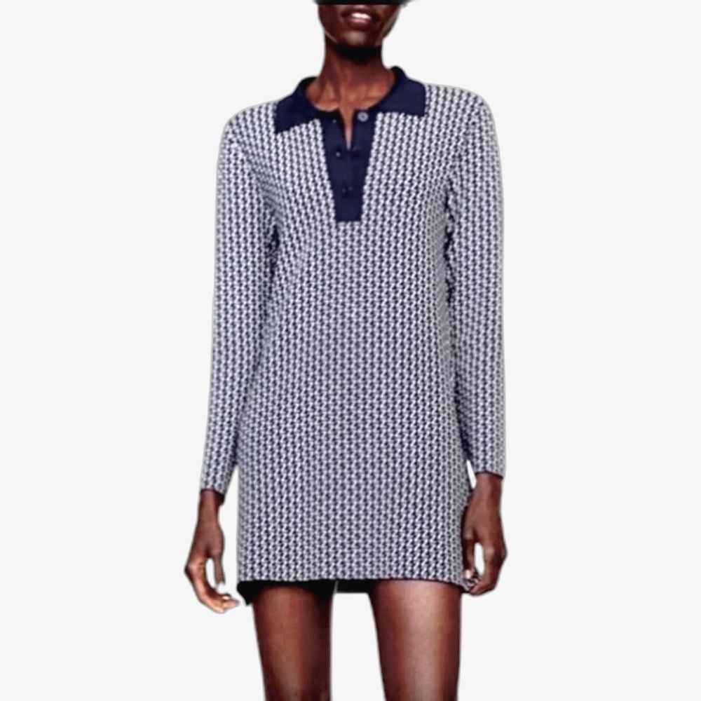 Zara Knit Polo Shirt Dress Womens S Navy Long Sleeve Knit Preppy Academia School